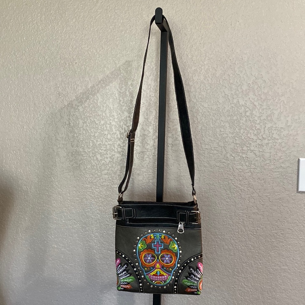 Embroidered  SugarSkull Crossbody Bag - Black and Pewter w/concealed carry
